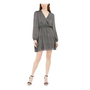 LEYDEN Womens Black Printed Long Sleeve V Neck Short Dress XL